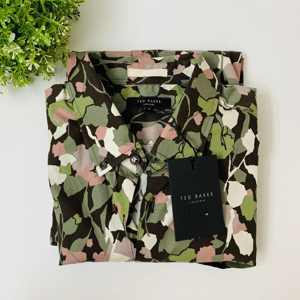 Ted Baker Poplar Long Sleeve Abstract Floral Print Shirt Sz 5/XL Brown